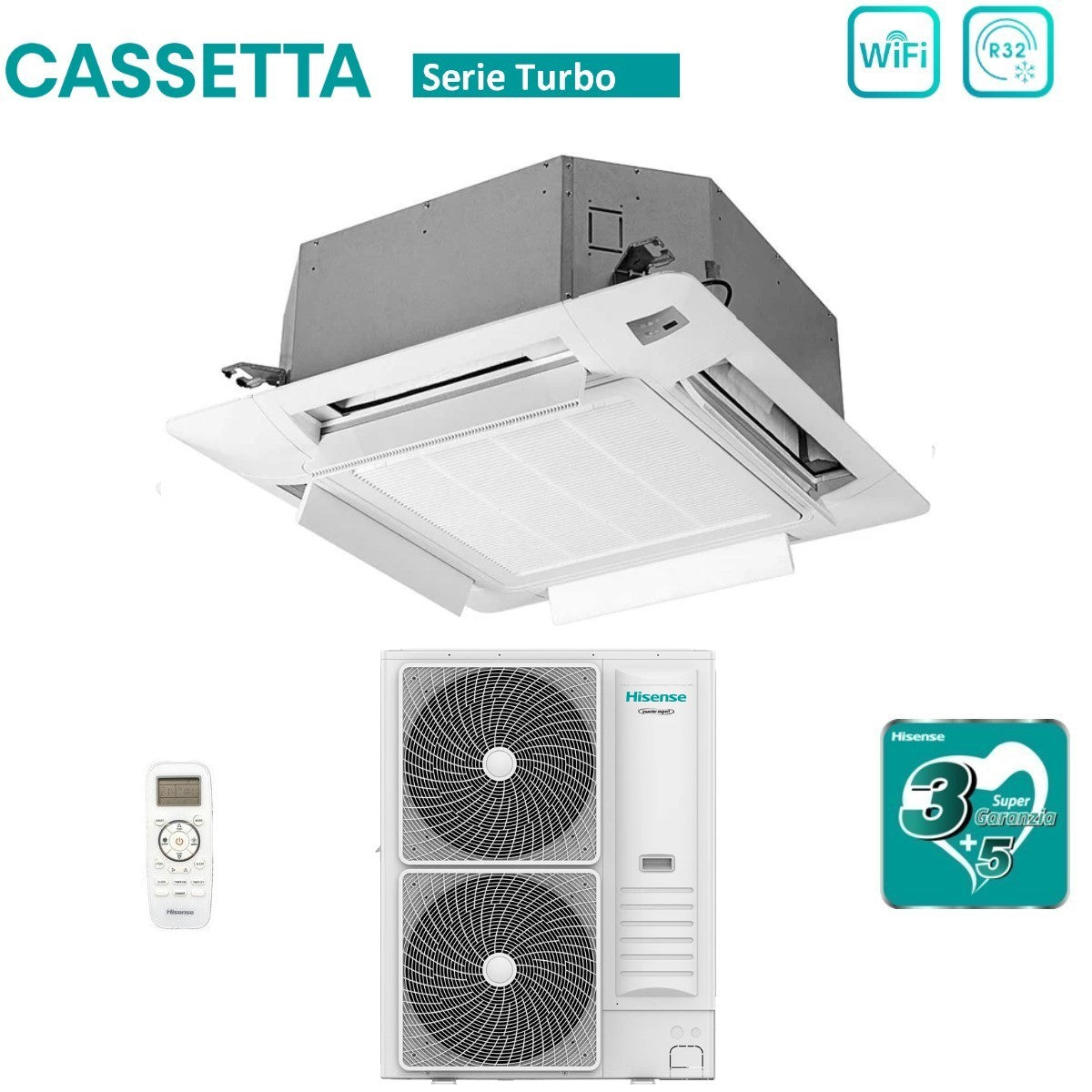 immagine-4-hisense-climatizzatore-condizionatore-hisense-inverter-a-cassetta-serie-turbo-36000-btu-auc105ur4rkc8-auw105u6rn8-r-32-wi-fi-optional-classe-aa-con-telecomando-e-pannello-incluso